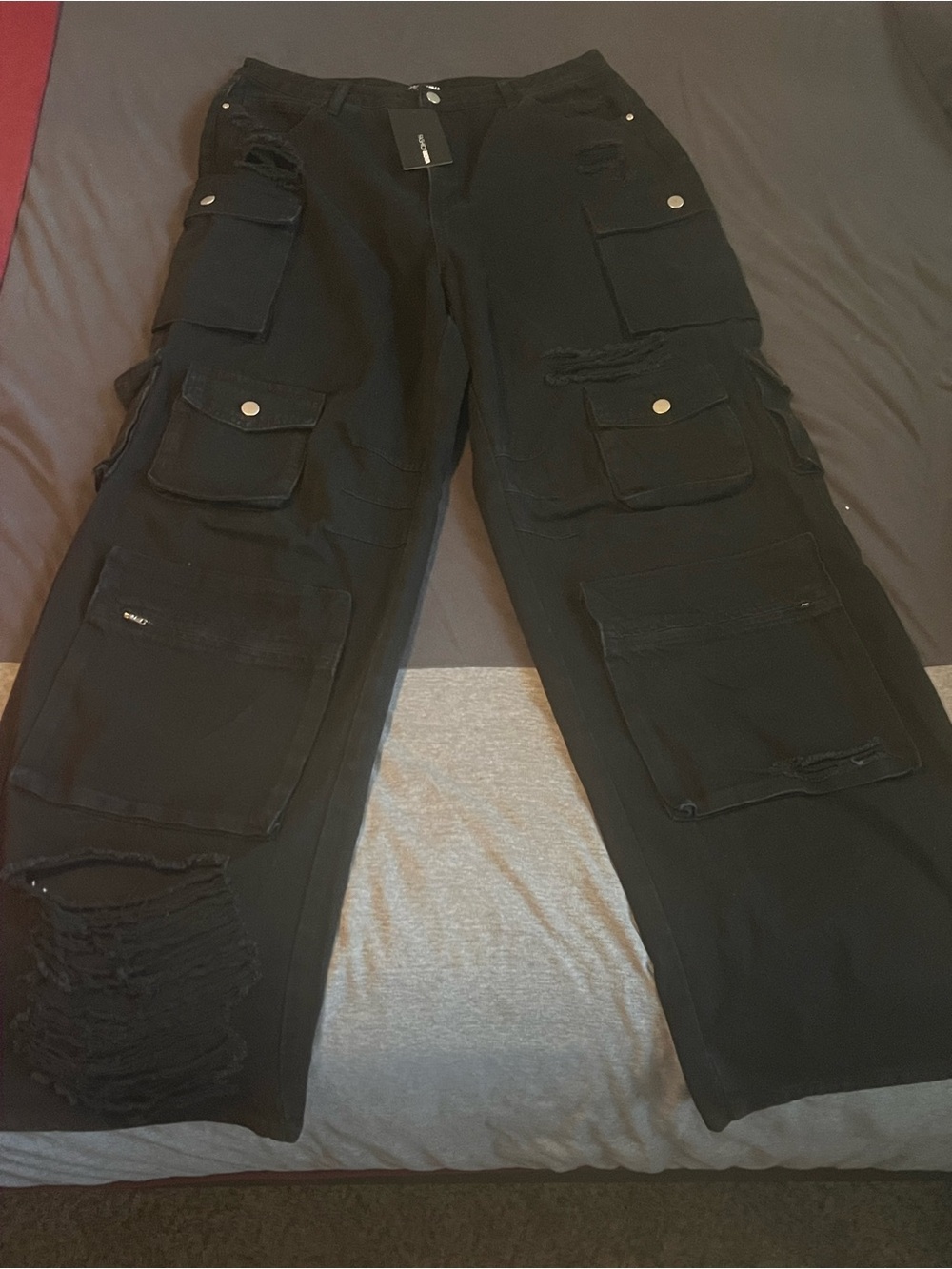 Fashion Nova Womens Black Multi-Pocket Distressed Cargo Pants
